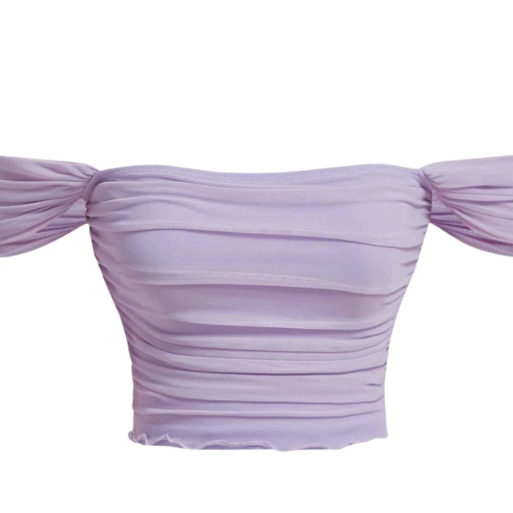 SHEIN MOD Off Shoulder Ruched Mesh Party Women Purple Bateau Collar Crop Top
